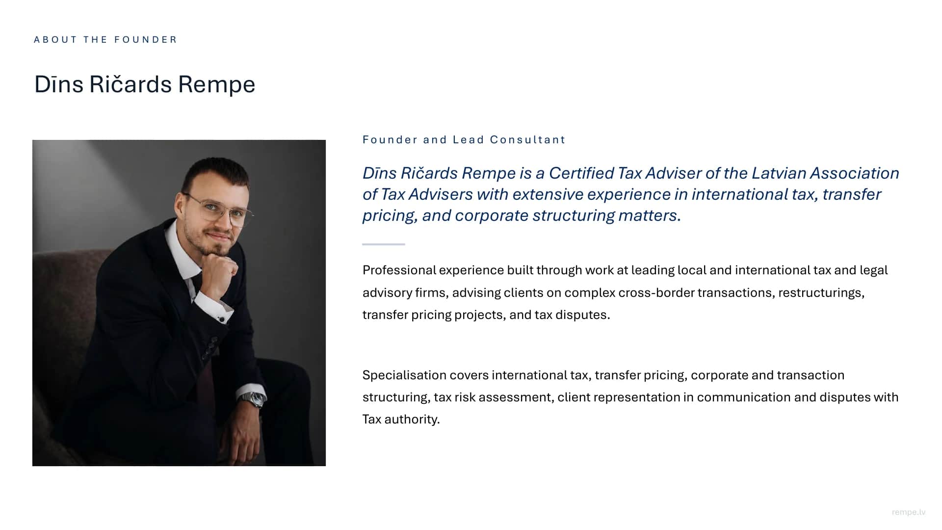 About the founder: Dīns Ričards Rempe, founder and lead advisor, certified tax consultant.