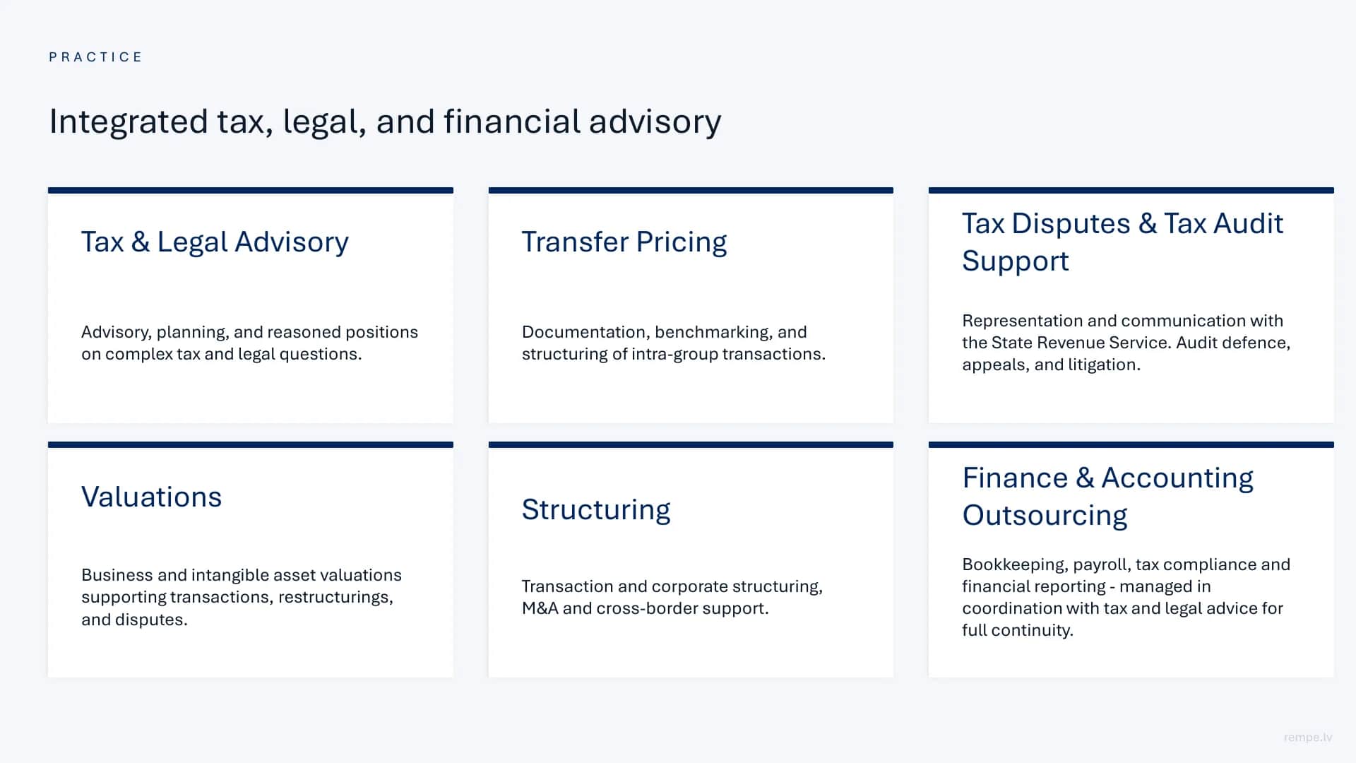 Practice: integrated tax, legal and financial advisory - tax and legal advice, transfer pricing, tax disputes, valuation, structuring and outsourced finance.