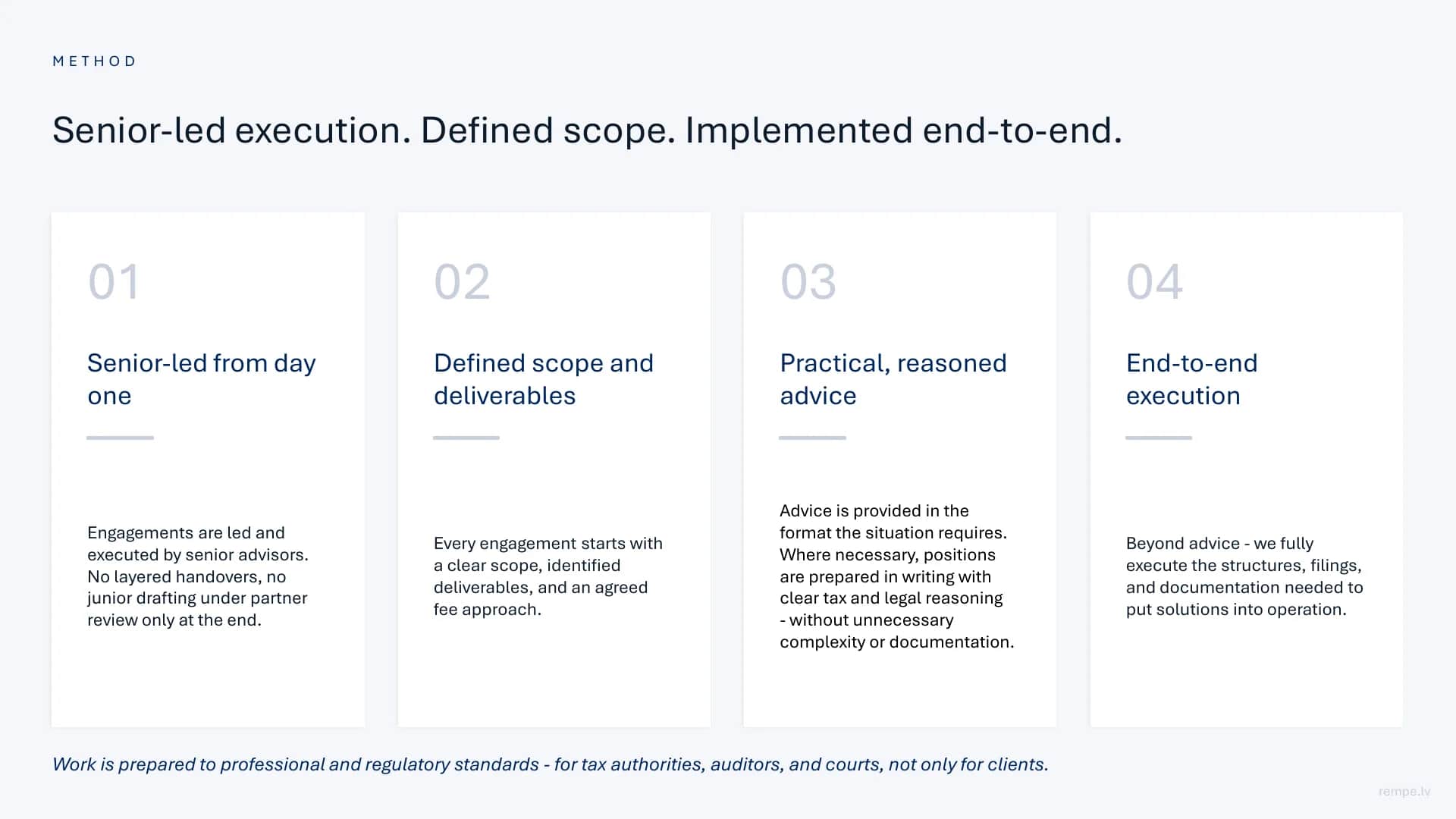Method: senior-led execution, defined scope, practical advice and end-to-end implementation.
