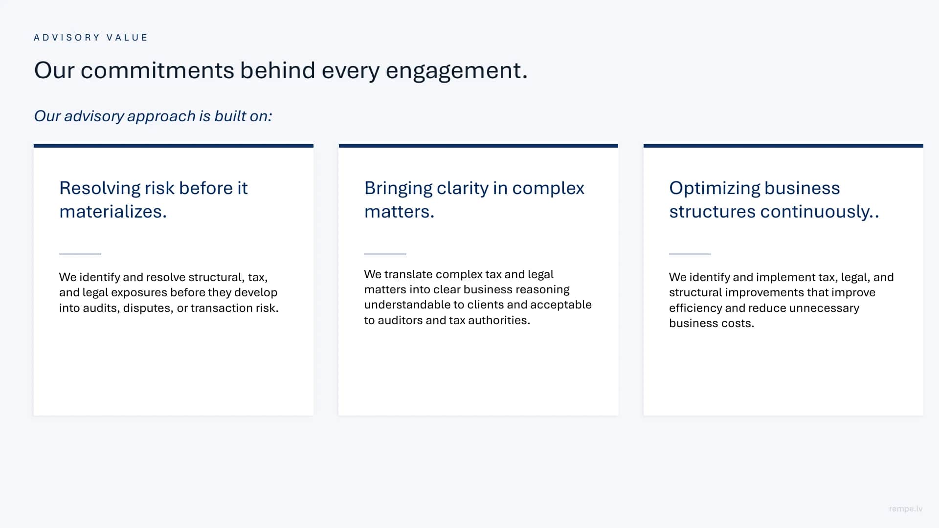 Advisory value: preventing risks before they arise, clarity on complex issues and optimising business structures.