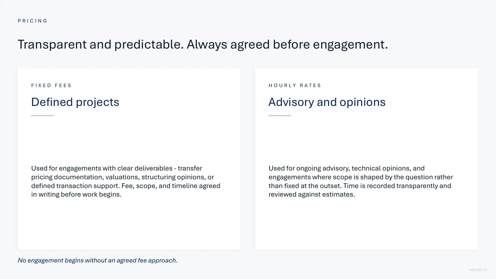 Pricing: fixed fees for defined projects and hourly rates for advisory work, always agreed before the engagement.