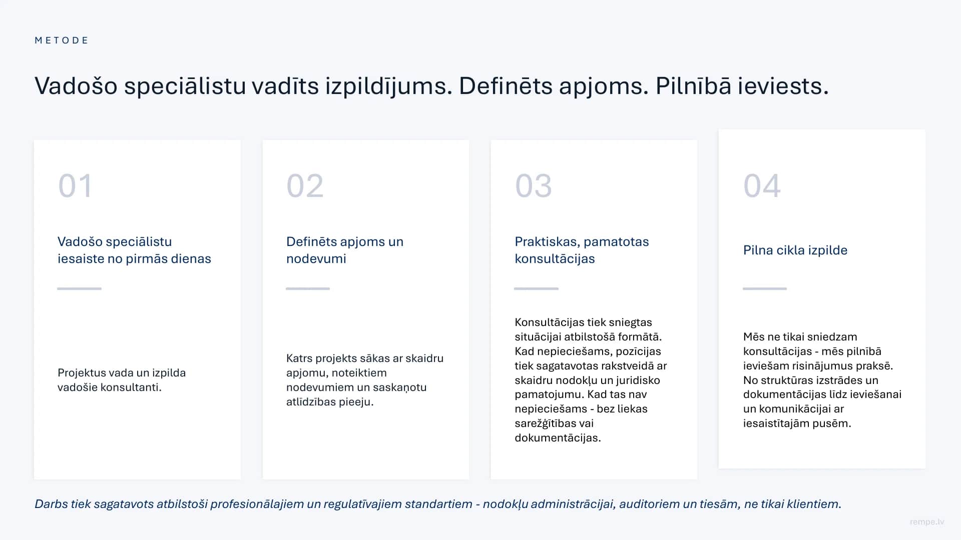 Metode: vadošo speciālistu vadīts izpildījums, definēts apjoms, praktiskas konsultācijas un pilna cikla izpilde.