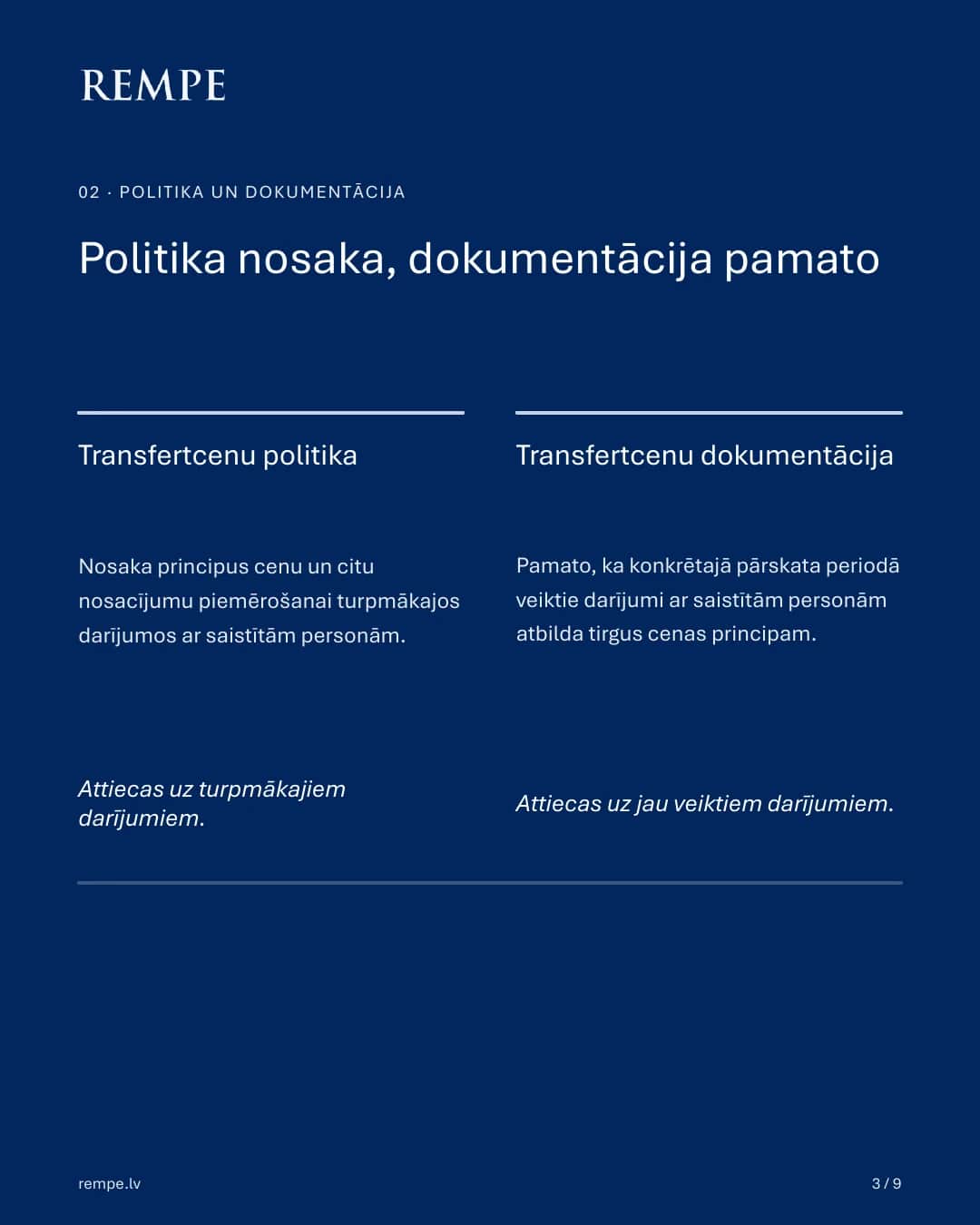 Politika nosaka, dokumentācija pamato: politika attiecas uz turpmākajiem darījumiem, dokumentācija - uz jau veiktiem darījumiem.