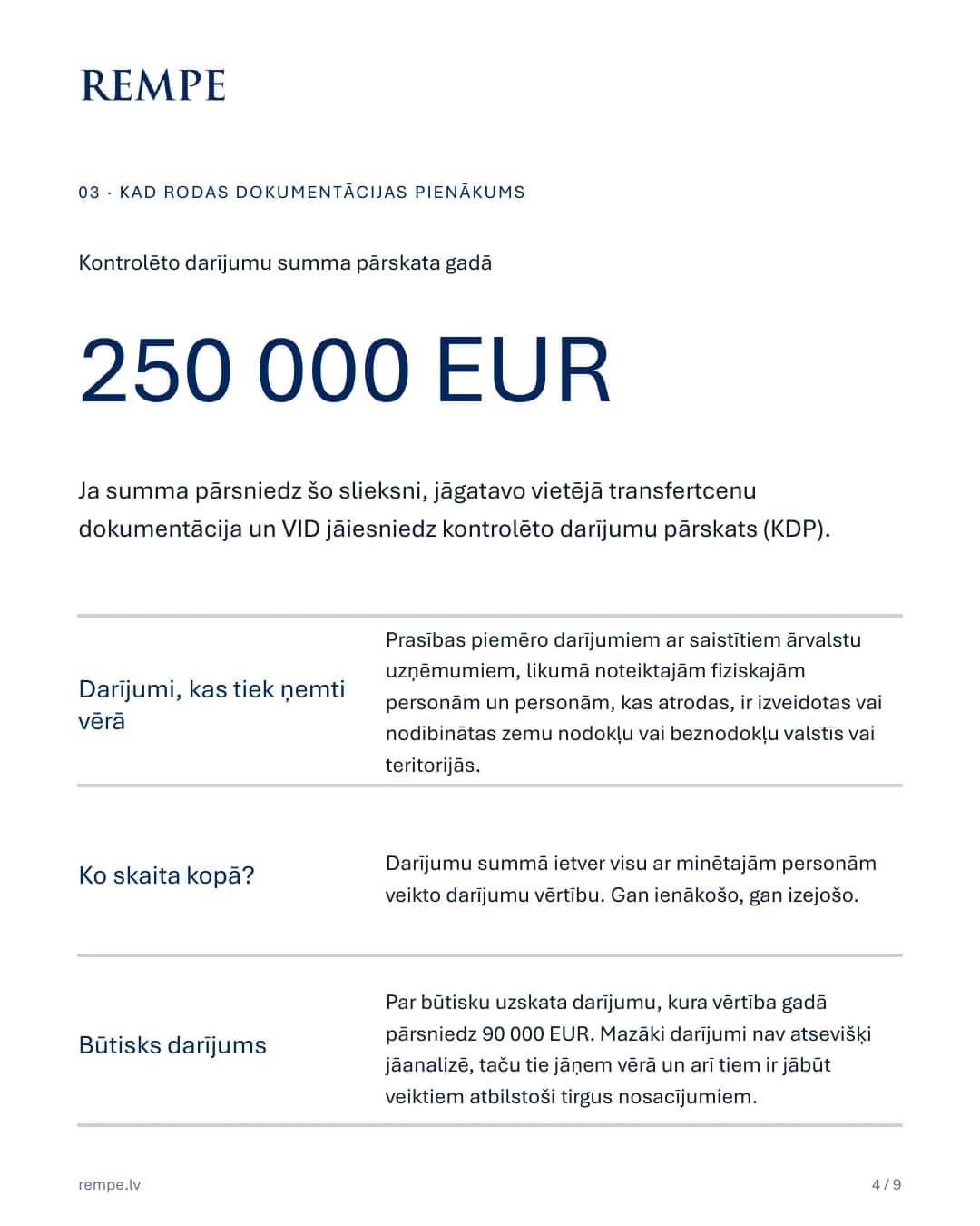 Kontrolēto darījumu summa pārskata gadā virs 250 000 EUR: jāgatavo vietējā transfertcenu dokumentācija un jāiesniedz KDP. Būtisks darījums - virs 90 000 EUR.