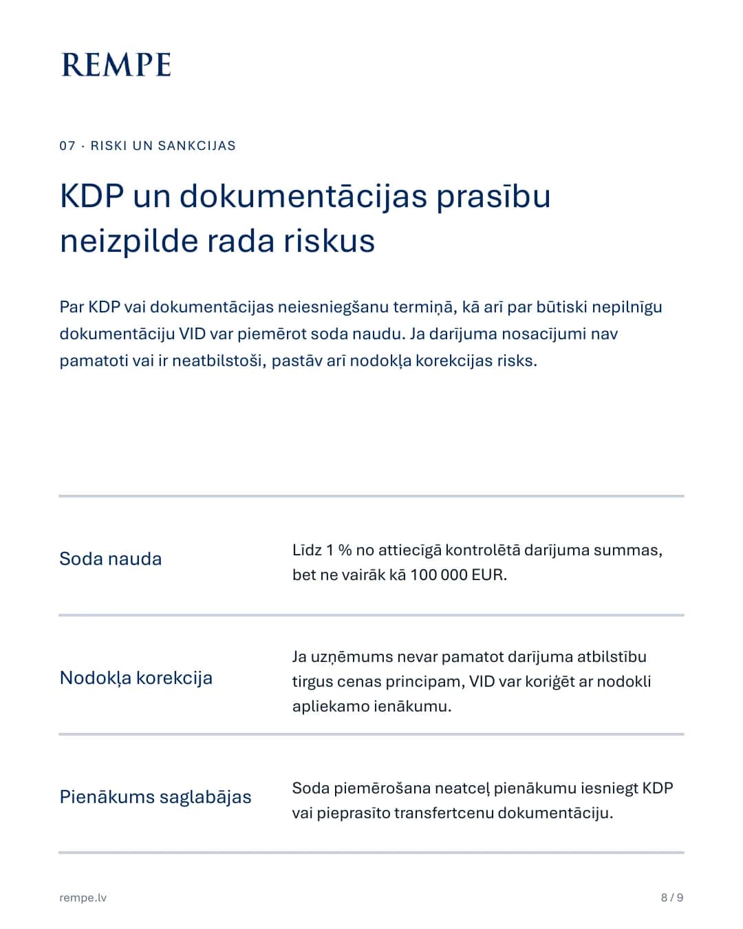 Riski un sankcijas: soda nauda līdz 1 % no darījuma summas, bet ne vairāk kā 100 000 EUR, un nodokļa korekcijas risks.